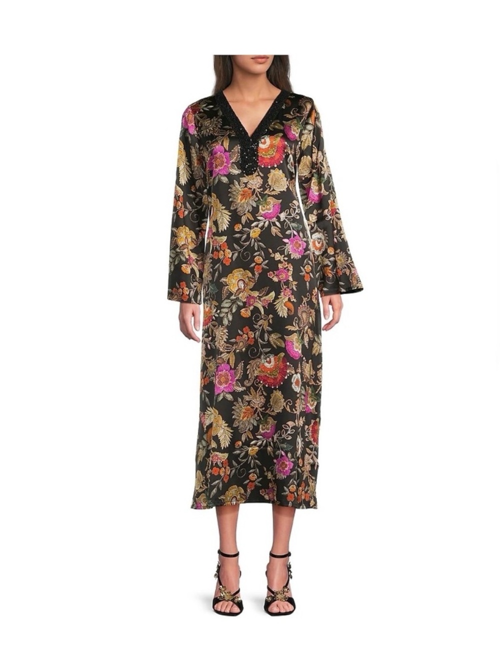 Johnny Was Judith Floral Printed Silk-Blend Sequin V-Neck Maxi Dress. Small